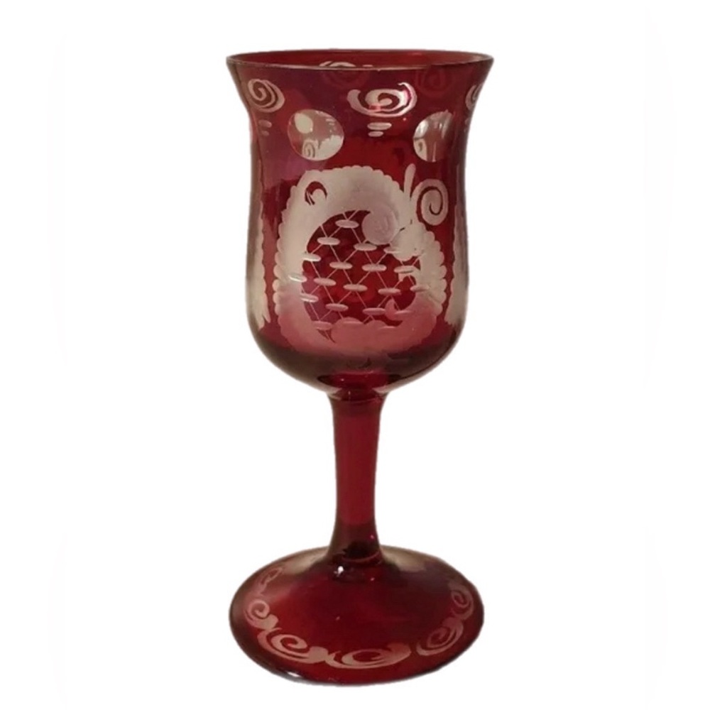 Antique Ruby Red Bohemian Cordial Glass Red Etched Cordial Czech Egermann